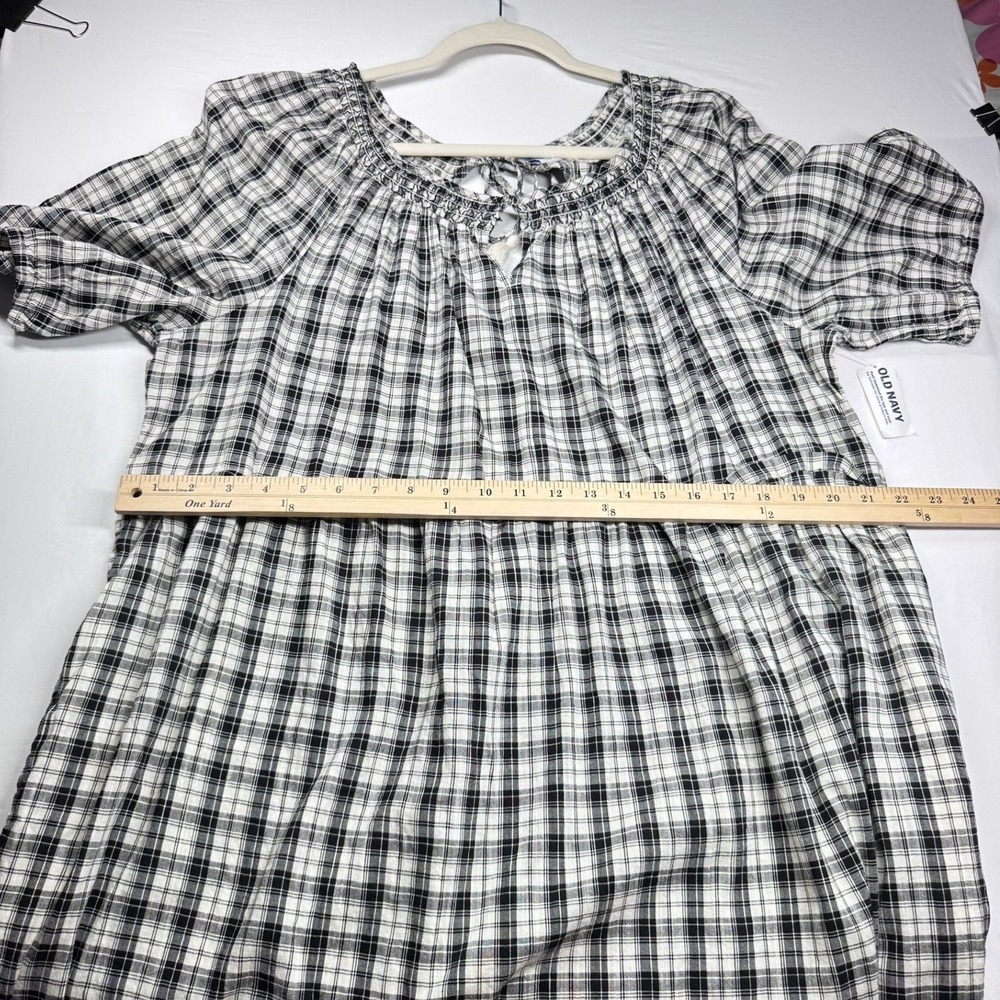 NEW Old Navy Midi Dress XL Plaid Black Smocked Cottagecore Pockets Peasant Boho - Picture 4 of 13